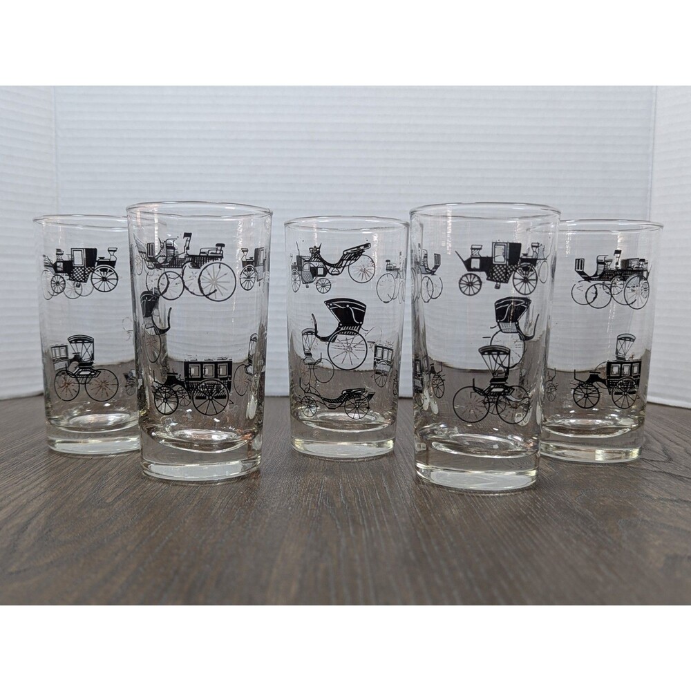 VTG Libbey Black Gold Highball Carriage Buggy Cars Bar Drinking Glasses SET OF 5